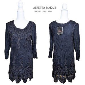 ALBERTO MAKALI Braided & Beaded Black Lace Overlay Dress